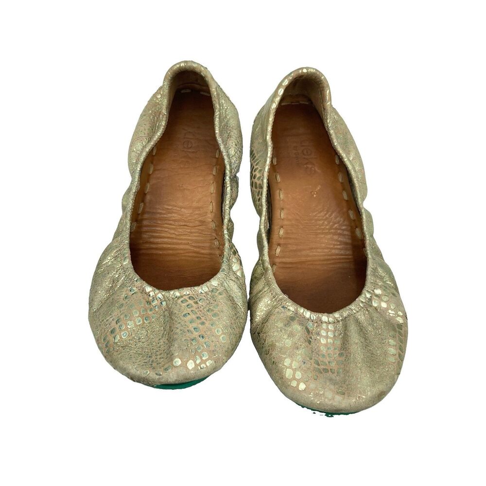 Tieks Sz 8 Romantic Blush Metallic Leather Ballet Flats Gold Snake Skin Foldable